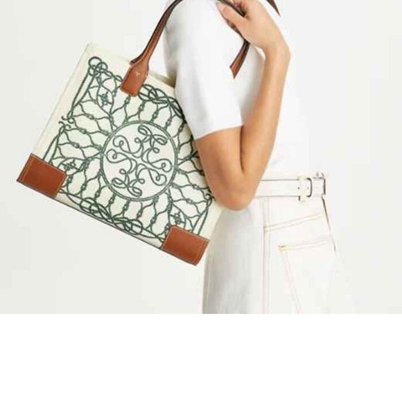TORY BURCH ELLA SMALL PRINTED TOTE BAG IVORY ABSTRACT ROPE PATTERN - Picture 2 of 13